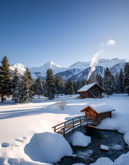 Serene Winter Scene: Cozy Cabin and Snow-Dusted Evergreen Trees