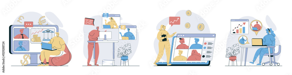Poster video business conference concept set in flat design for web. collection with people working remotel