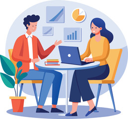 Partners meeting for business discussion with documents and laptop on desk. Couple at round table, speaking, discussing work, partnership. Flat vector on a white background