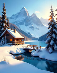 Peaceful Snowy Landscape with Majestic Mountains and Frozen river