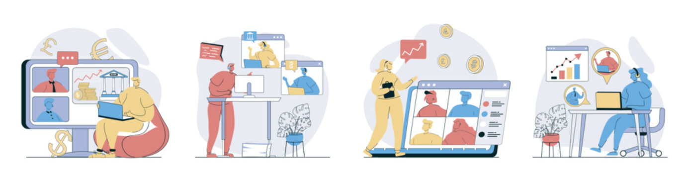 Video business conference concept set in flat design for web. Collection with people working remotely, connecting online at workplace screens, get breafing, discussing tasks. Vector illustrations.