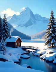 Winter Tranquility: Snow-Capped Mountains and a Cozy Cabin