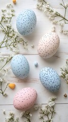 Obraz premium Colorful decorative eggs arranged on a rustic wooden surface for a festive spring celebration