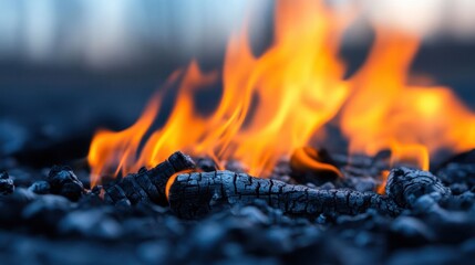 Vibrant Flames Dancing Over Charred Wood and Smoky Background