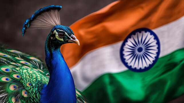Republic Day, 26th January, Independence Day, 15th August, India, Indian Flag and  National Bird Peacock on dark background