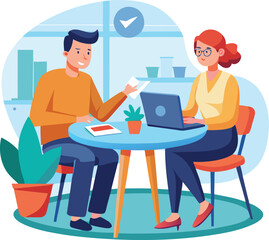 Partners meeting for business discussion with documents and laptop on desk. Couple at round table, speaking, discussing work, partnership. Flat vector on a white background
