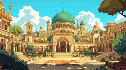 Obraz premium A grand, ornate palace with a large green dome on top, surrounded by other ornate buildings in a courtyard setting. Basilica. Illustration