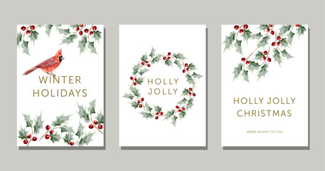 Christmas nature design greeting cards template, wreath, text, white background. Green holly twigs with red berries, cardinal bird. Vector  illustration. Winter forest. New year holidays