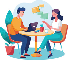 Partners meeting for business discussion with documents and laptop on desk. Couple at round table, speaking, discussing work, partnership. Flat vector on a white background