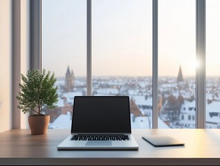 A bright office with a light wooden desk and snowy park views, offering a cozy and professional winter workspace.