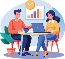 Partners meeting for business discussion with documents and laptop on desk. Couple at round table, speaking, discussing work, partnership. Flat vector on a white background