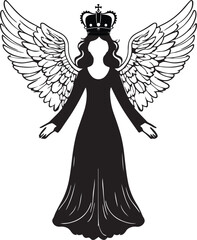 Silhouette of female angel woman with feather wings black illustration isolated on white background vector.