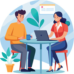 Partners meeting for business discussion with documents and laptop on desk. Couple at round table, speaking, discussing work, partnership. Flat vector on a white background