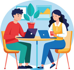 Fototapeta premium Partners meeting for business discussion with documents and laptop on desk. Couple at round table, speaking, discussing work, partnership. Flat vector on a white background