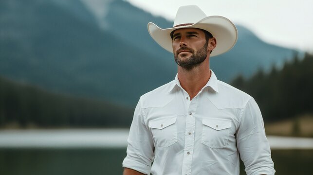 Handsome Cowboy in White Shirt Outdoors Mountain Landscape
