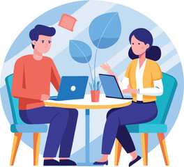 Partners meeting for business discussion with documents and laptop on desk. Couple at round table, speaking, discussing work, partnership. Flat vector on a white background