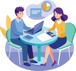 Partners meeting for business discussion with documents and laptop on desk. Couple at round table, speaking, discussing work, partnership. Flat vector on a white background