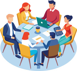 Partners meeting for business discussion with documents and laptop on desk. Couple at round table, speaking, discussing work, partnership. Flat vector on a white background