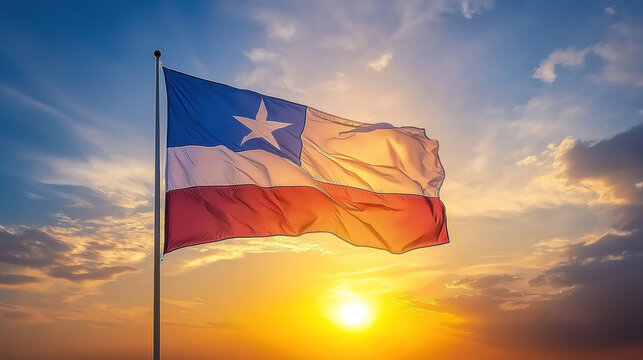 Texas Flag Waving Majestically at Sunset. A vibrant image of the Texas flag billowing in the wind against a breathtaking sunset sky.