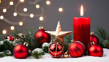 Christmas Scene with Red Candle Burning Ornaments Pine Branches Snow Bokeh Lights Festive Atmosphere and Elegant Holiday Decor