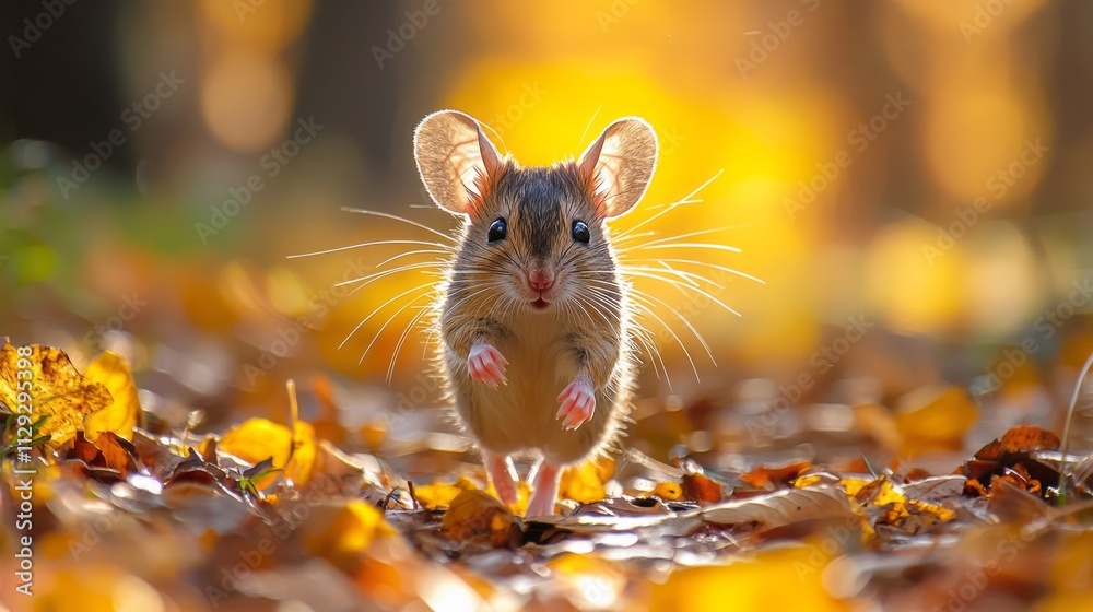 Poster A tiny mouse dashes energetically across vibrant autumn leaves, illuminated by warm sunlight filtering through the trees in a tranquil forest setting