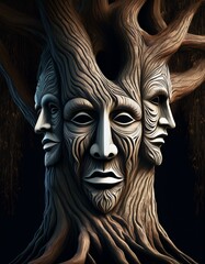 Obraz premium Enchanted Tree with Dual Faces in a Mystical Forest