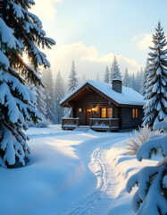 Winter Wonderland: A Cozy Cabin Amidst Snow-Covered Pines
