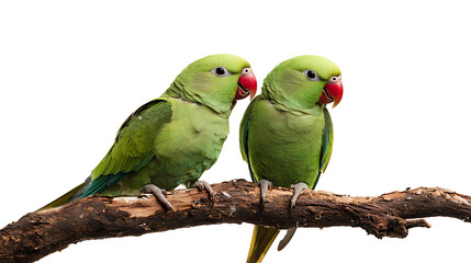 Fototapeta premium Two green parrots sitting on a branch