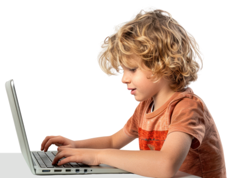 PNG American child student studying online computer laptop electronics.