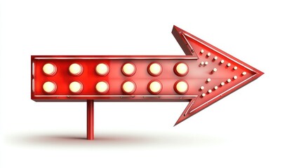 Retro,red,arrow,illuminated,by,light,bulbs,designed,over,clean,white,backdrop,advertising.