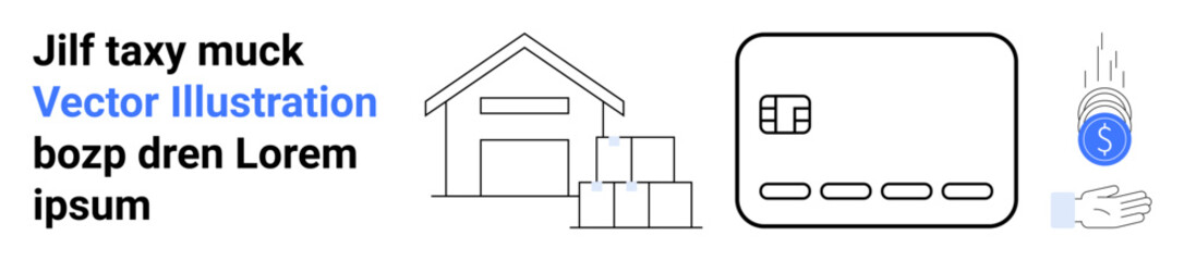 Warehouse with stacked boxes, credit card outline, and hand holding coins emphasize business finance, storage, online payments. Ideal for logistics, e-commerce, financial services, shipping payment