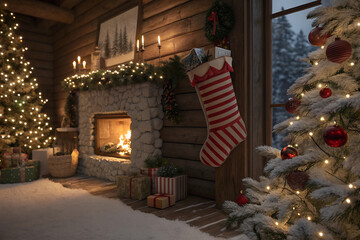 Naklejka premium Red Santa Claus sock hanging under christmas tree in the house, Christmas stockings.