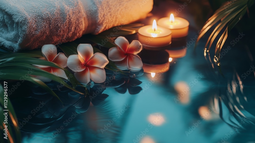 Poster a tranquil setting features candles flickering beside a calm body of water, surrounded by delicate t
