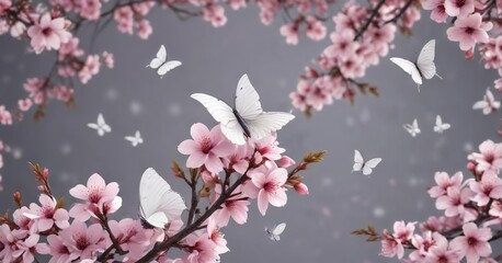 Pink cherry blossom background with white butterflies, Japanese garden, bloom