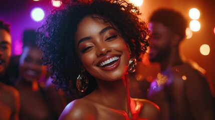 Fototapeta premium An attractive woman dances and laughs joyfully with friends in a lively club, illuminated by colorful lights. The atmosphere is filled with energy as they enjoy their unforgettable night