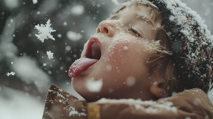 A young child catching snowflakes with their tongue looking up at the falling snow with wonder.