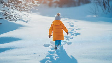 A young child in a bright coat running through deep snow their footprints leaving a trail behind them in the untouched snow.