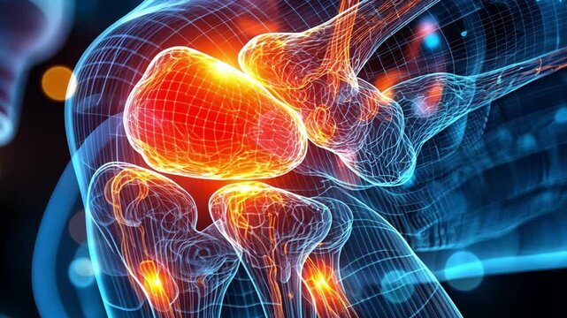High-resolution illustration highlights the human knee joint's anatomy, including cartilage, ligaments, and bone connections.