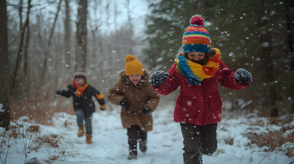 Children chasing each other through a snowy forest their colorful hats and scarves bouncing as they run.