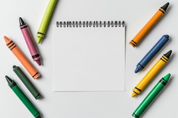 Eight colorful crayons arranged in a circle on a white background, symbolizing creativity and childhood