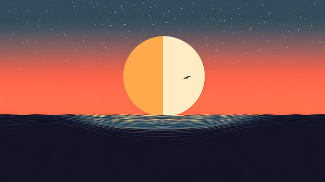 Simple minimalist design of a horizon divided into day and night, representing dualism in nature. Horizon. Illustration