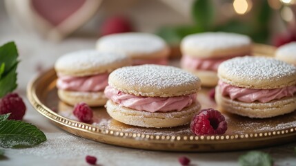 Valentine's sandwich cookies filled with raspberry cream, dusted with powdered sugar, arranged on a gold-trimmed serving tray with fresh mint leaves, soft bokeh background