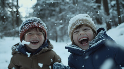 Children playing joyfully in a snowy forest their warm clothing contrasting with the white snow around them.