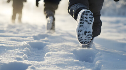 Children racing through the snow bundled in thick winter clothes their footprints marking the white landscape.