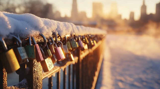 Fresh snow-covered love locks on bridge, winter morning, golden hour lighting