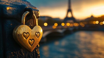 Golden love lock with engraved hearts on bridge in Paris, sunset lighting, romantic atmosphere, soft bokeh