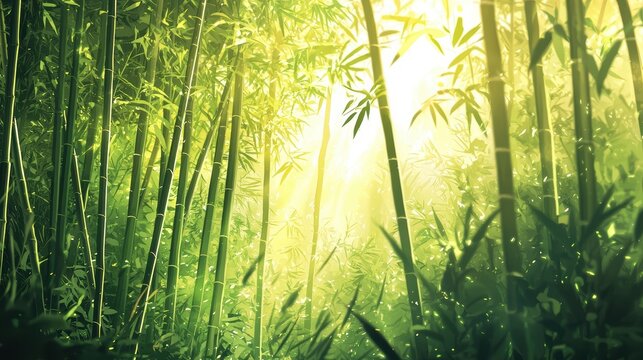 A serene bamboo forest bathed in soft sunlight, creating a tranquil and lush green atmosphere.
