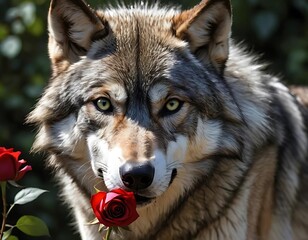 Fototapeta premium Wolf Holding a Red Rose in Soft Romantic Setting