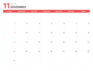 Calendário 2025. A semana do calendário 2025 começa no domingo. Calendário corporativo minimalista para Novembro 2025