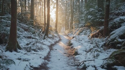 A snowy forest path with a sun shining through the trees. The snow is deep and the path is covered in it
